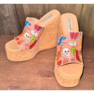 Steve Madden Y2K Tattoo Print Cork Wedge Platform Slide Sandals Womens 9.5M